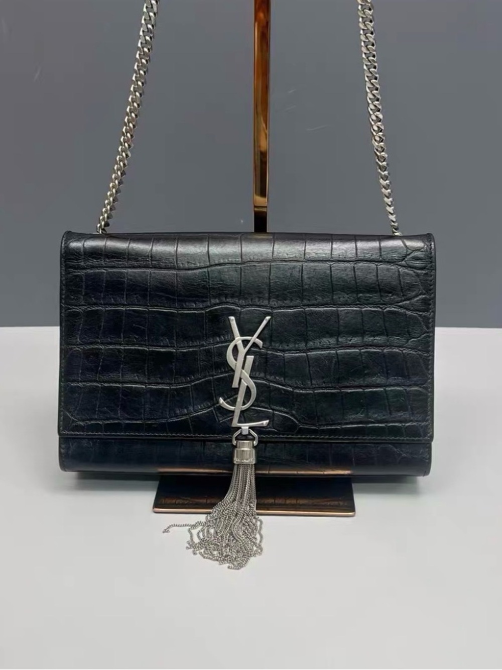 Saint Laurent Black Croc-Embossed Leather Tassel Chain Shoulder Bag